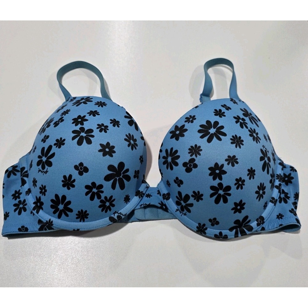 Victoria Secret PINK Bra Wear Everywhere Push Up Bra 34D Blue Floral